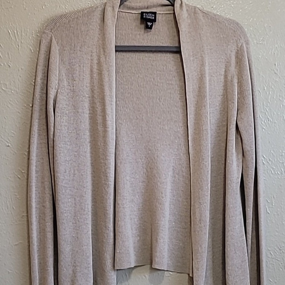 Eileen Fisher Tan Beige Ribbed Knit Open Front Cardigan Sweater Womens S  Linen